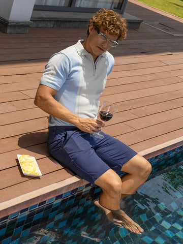 Men's Blue Slim Fit Textured Flat Knit Polo Collar T-Shirt