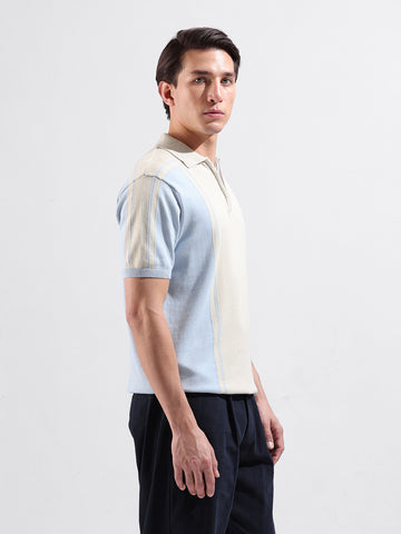 Men's Blue Slim Fit Textured Flat Knit Polo Collar T-Shirt