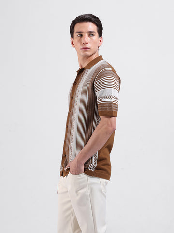 Men's Brown Slim Fit Textured Flat Knit Shirt