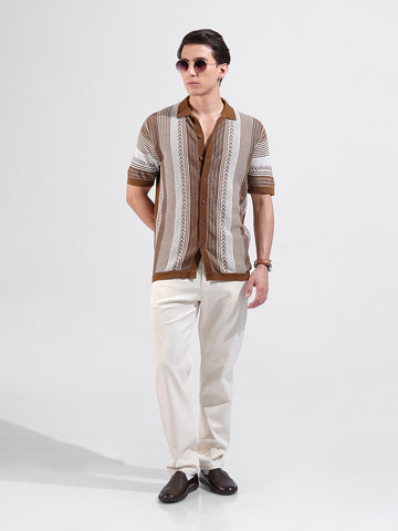 Men's Brown Slim Fit Textured Flat Knit Shirt