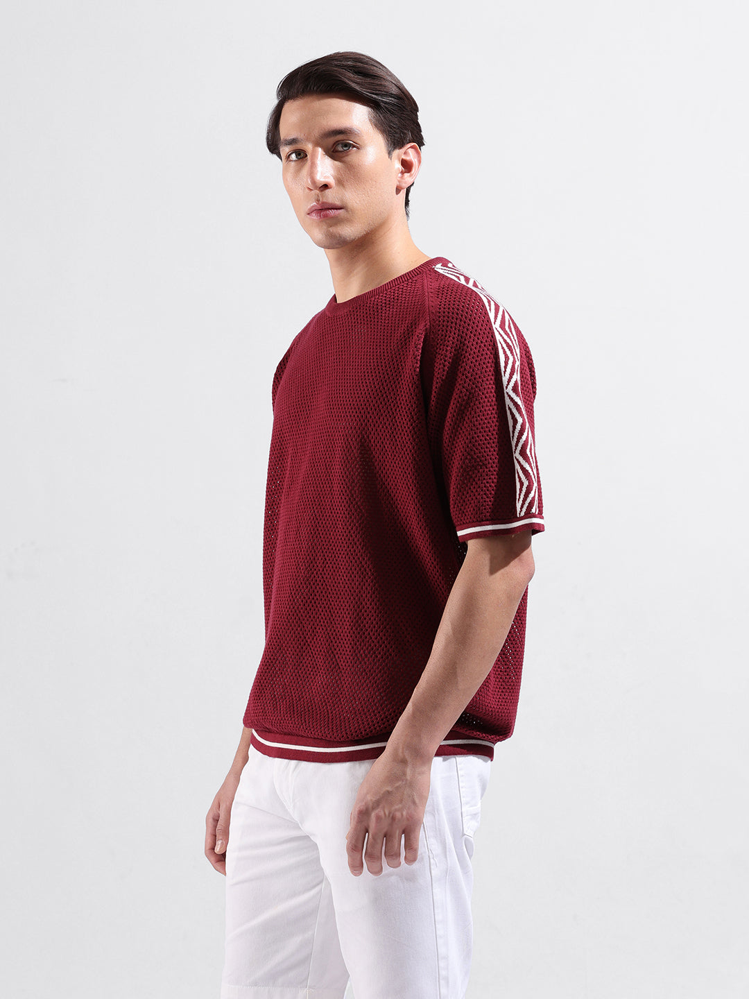 Men's Maroon Oversized Fit Solid Flat Knit Crew Neck T-Shirt