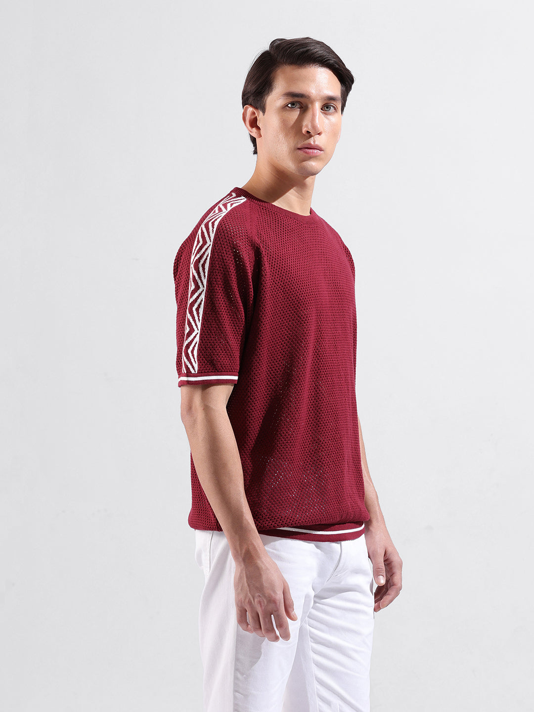 Men's Maroon Oversized Fit Solid Flat Knit Crew Neck T-Shirt