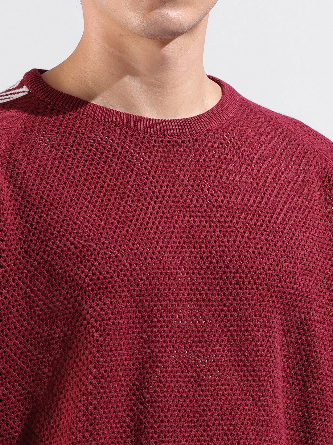 Men's Maroon Oversized Fit Solid Flat Knit Crew Neck T-Shirt