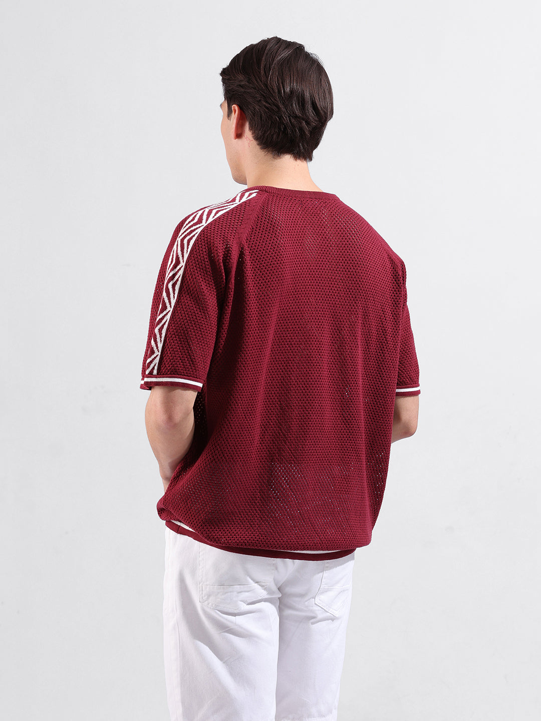 Men's Maroon Oversized Fit Solid Flat Knit Crew Neck T-Shirt
