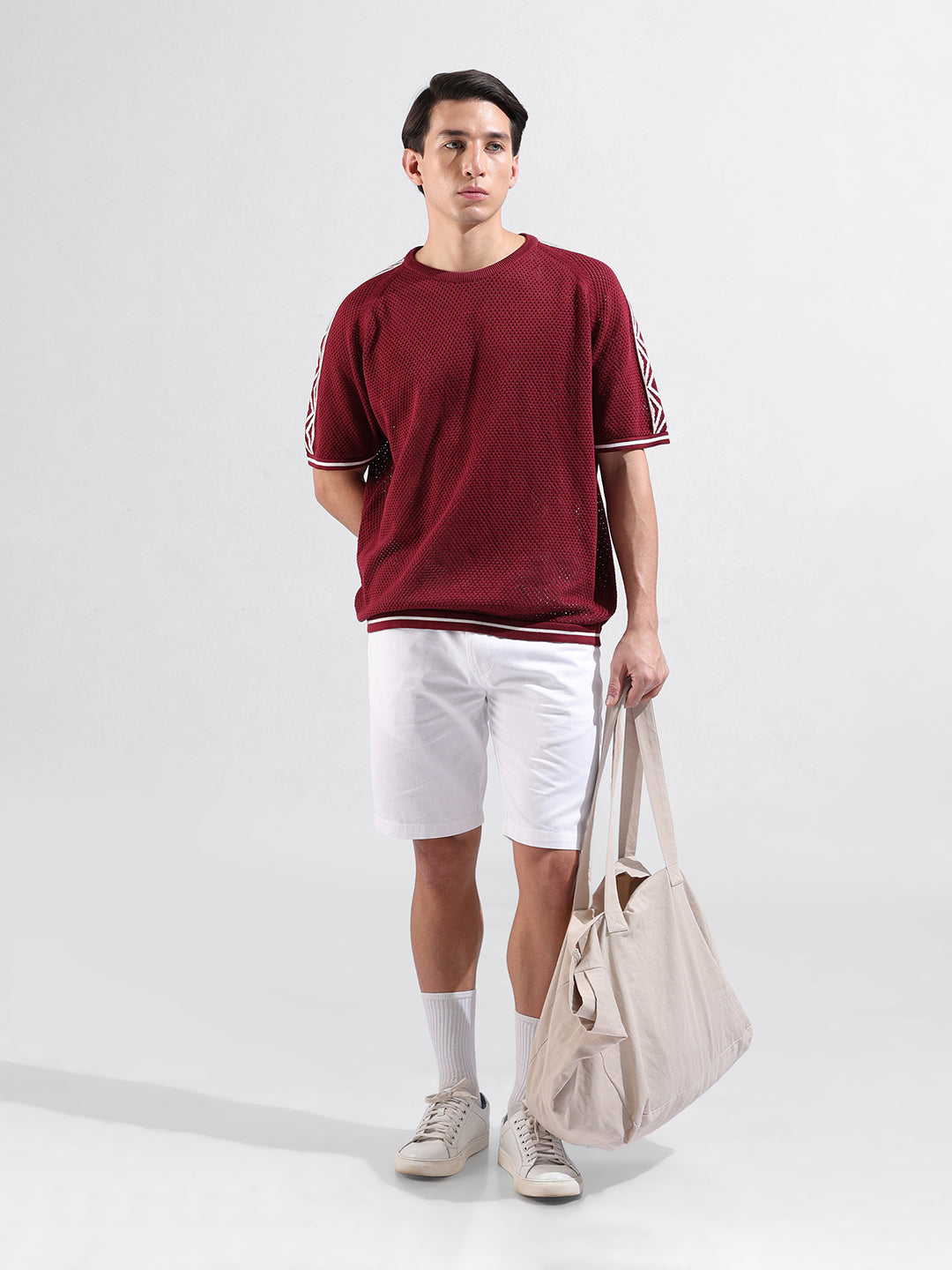 Men's Maroon Oversized Fit Solid Flat Knit Crew Neck T-Shirt