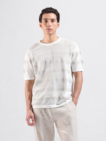 Men's White Oversized Fit Striped Flat Knit Crew Neck T-Shirt