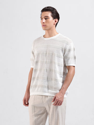 Men's White Oversized Fit Striped Flat Knit Crew Neck T-Shirt