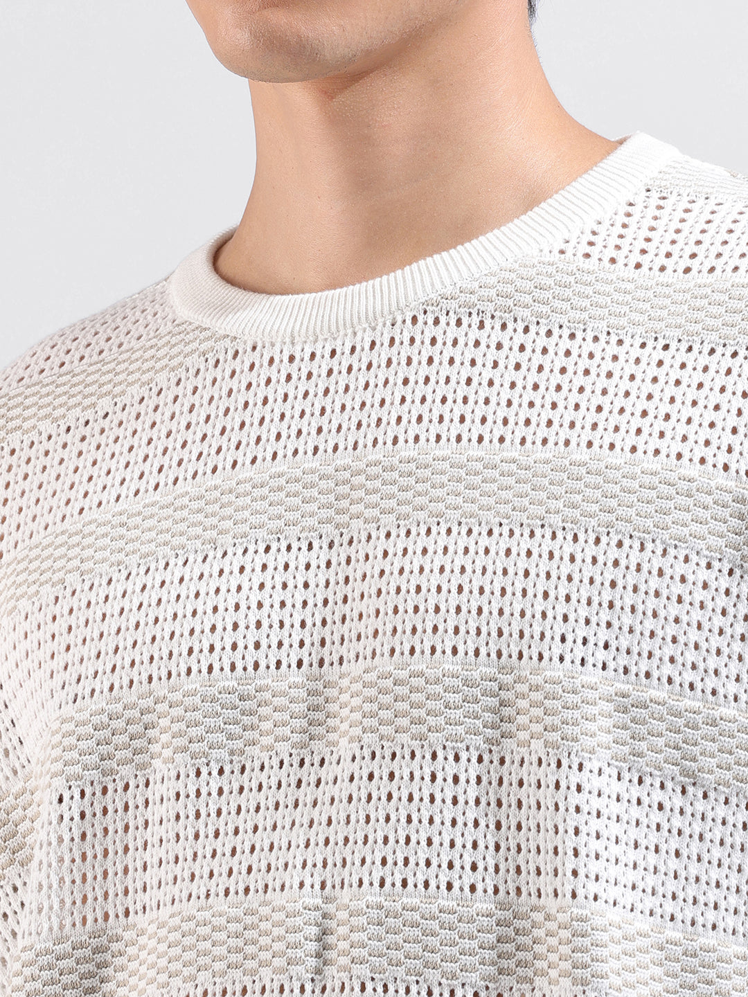 Men's White Oversized Fit Striped Flat Knit Crew Neck T-Shirt