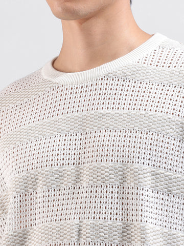 Men's White Oversized Fit Striped Flat Knit Crew Neck T-Shirt
