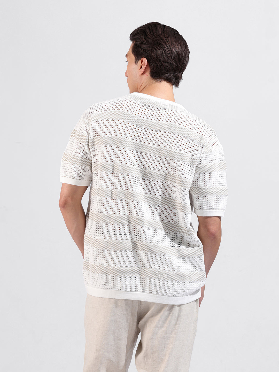 Men's White Oversized Fit Striped Flat Knit Crew Neck T-Shirt