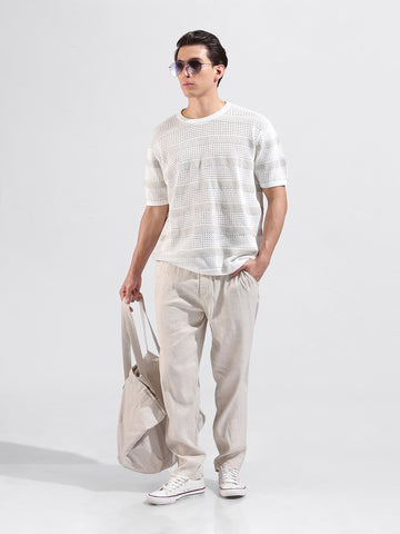 Men's White Oversized Fit Striped Flat Knit Crew Neck T-Shirt