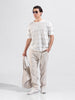 Men's White Oversized Fit Striped Flat Knit Crew Neck T-Shirt