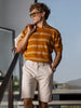 Men's Rust Oversized Fit Striped Flat Knit Polo Collar T-Shirt