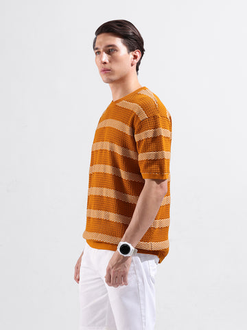 Men's Rust Oversized Fit Striped Flat Knit Polo Collar T-Shirt