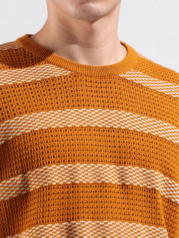 Men's Rust Oversized Fit Striped Flat Knit Polo Collar T-Shirt