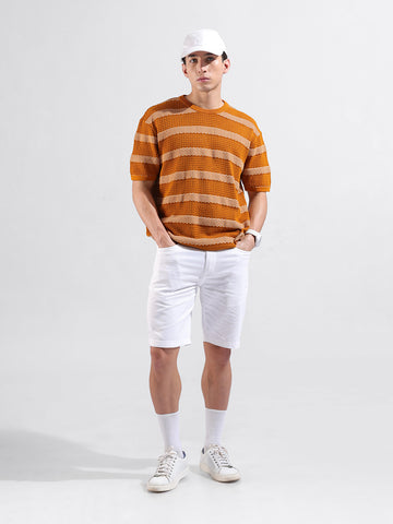 Men's Rust Oversized Fit Striped Flat Knit Polo Collar T-Shirt