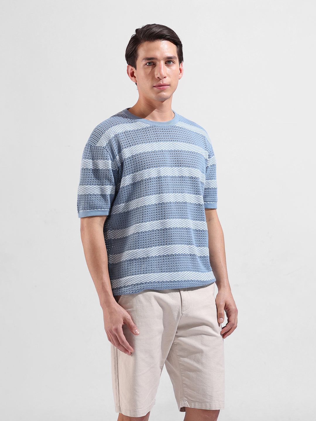 Men's Blue Oversized Fit Striped Flat Knit Polo Collar T-Shirt