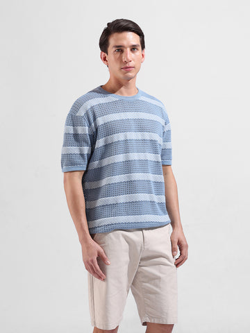 Men's Blue Oversized Fit Striped Flat Knit Polo Collar T-Shirt