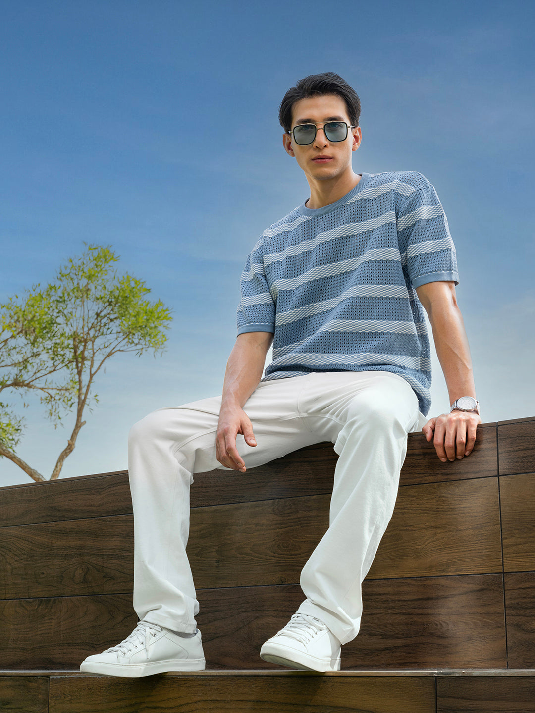 Men's Blue Oversized Fit Striped Flat Knit Polo Collar T-Shirt