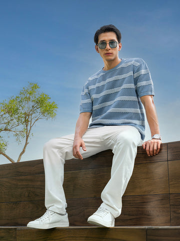 Men's Blue Oversized Fit Striped Flat Knit Polo Collar T-Shirt