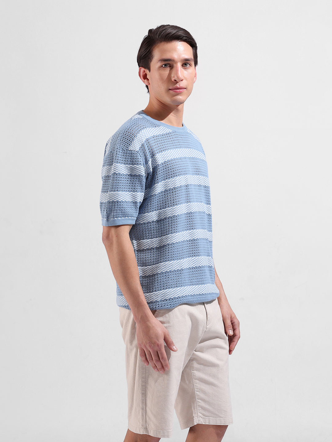 Men's Blue Oversized Fit Striped Flat Knit Polo Collar T-Shirt