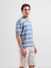 Men's Blue Oversized Fit Striped Flat Knit Polo Collar T-Shirt