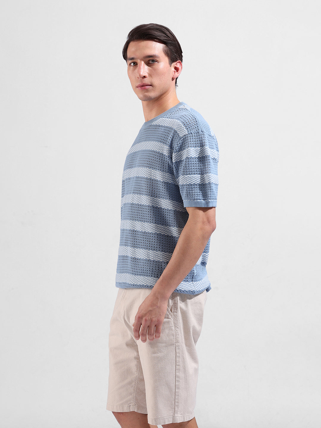 Men's Blue Oversized Fit Striped Flat Knit Polo Collar T-Shirt