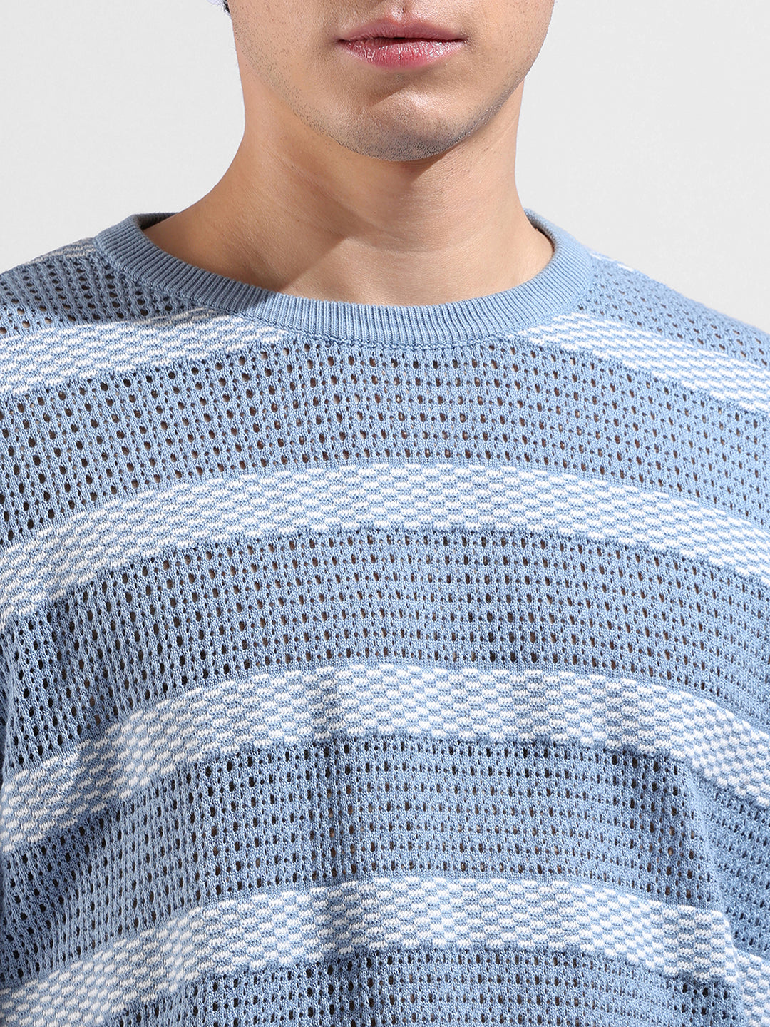 Men's Blue Oversized Fit Striped Flat Knit Polo Collar T-Shirt