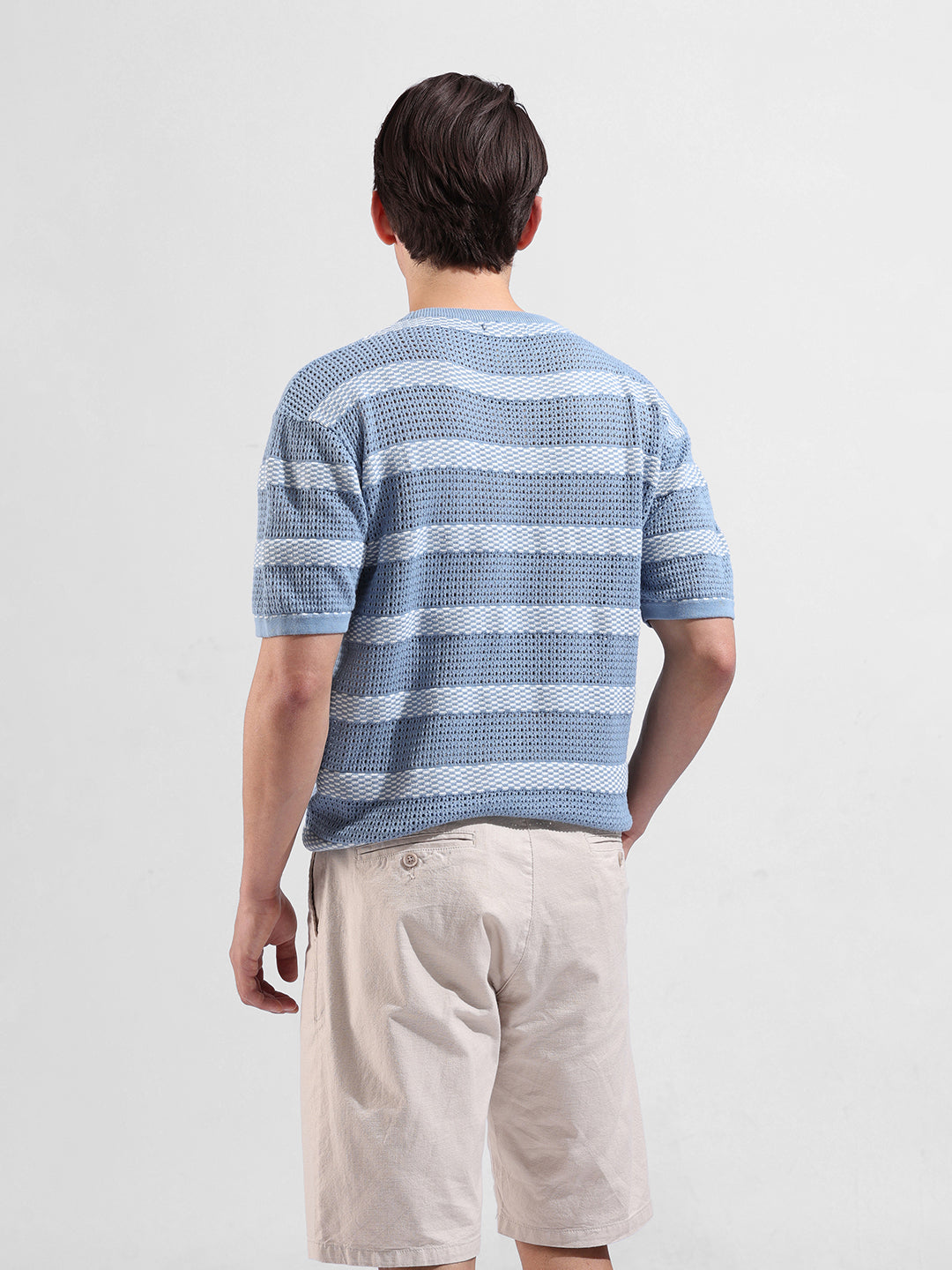 Men's Blue Oversized Fit Striped Flat Knit Polo Collar T-Shirt