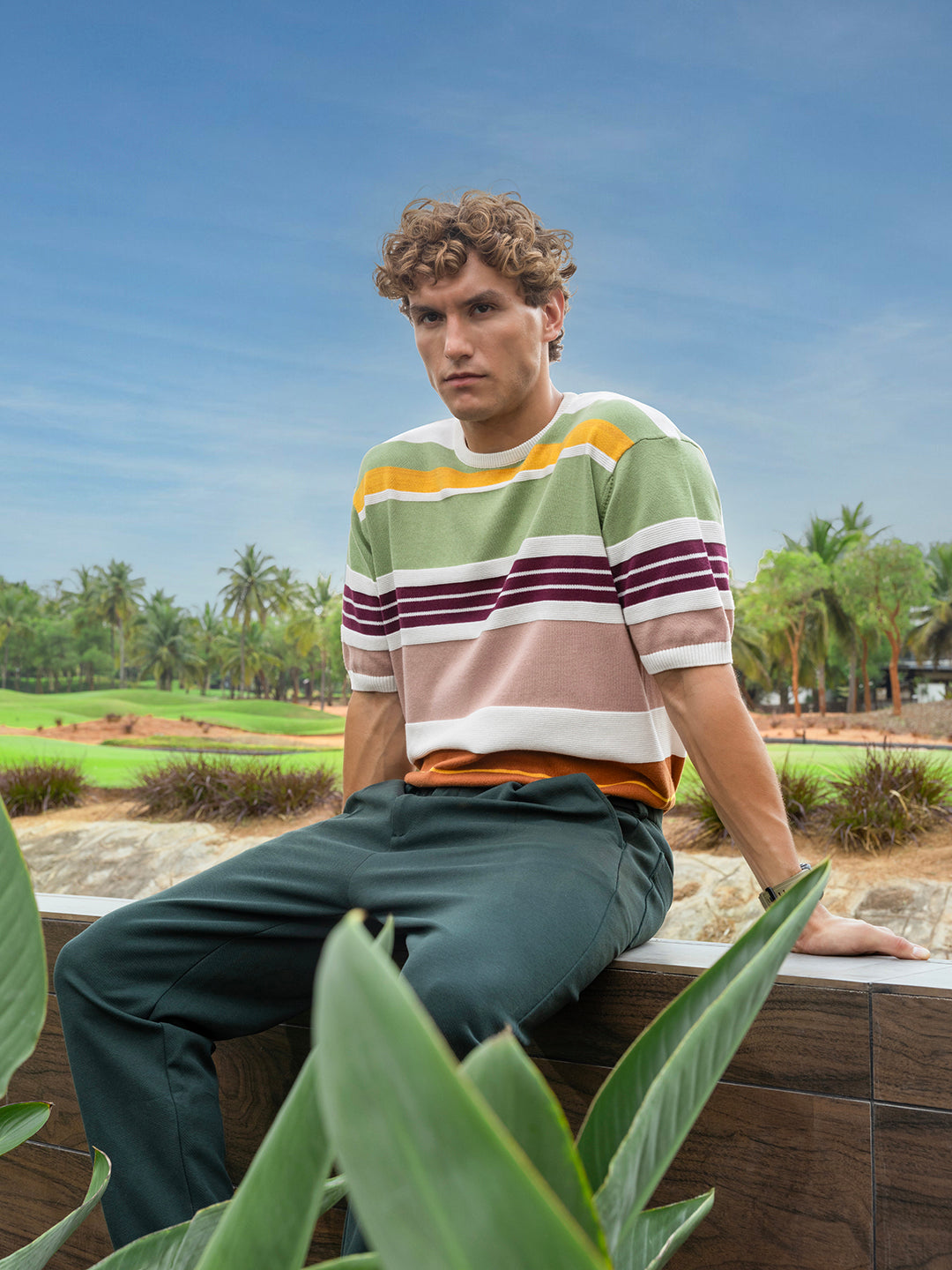 Men's Multicolor Oversized Fit Striped Flat Knit Crew Neck T-Shirt