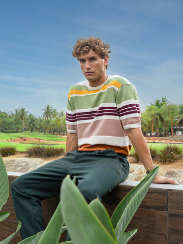 Men's Multicolor Oversized Fit Striped Flat Knit Crew Neck T-Shirt