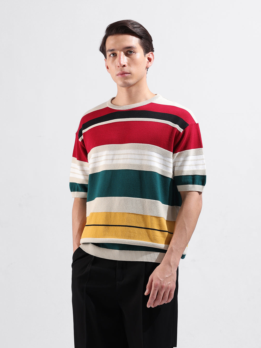 Men's Red Oversized Fit Striped Flat Knit Polo Collar T-Shirt