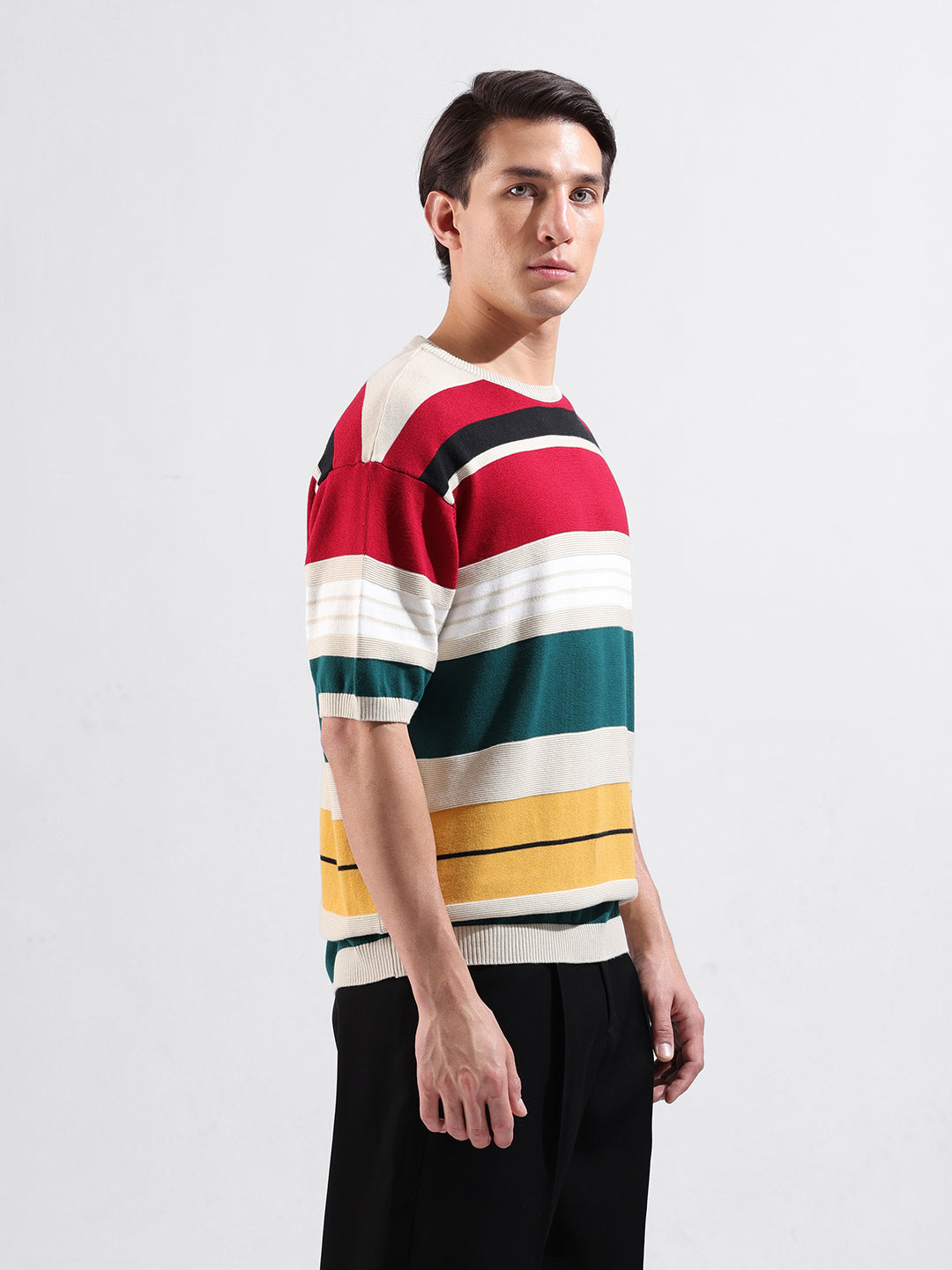 Men's Red Oversized Fit Striped Flat Knit Polo Collar T-Shirt