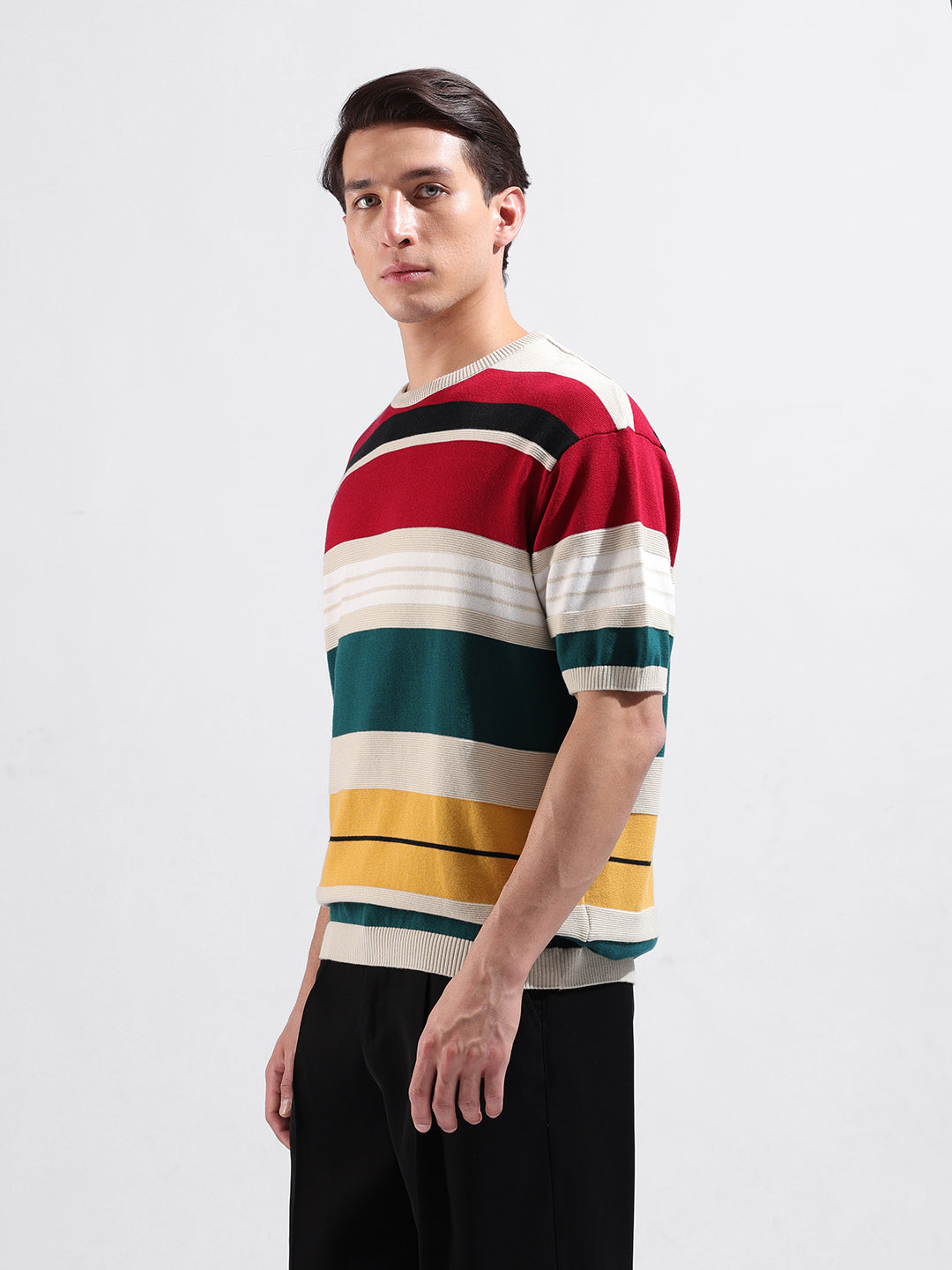 Men's Red Oversized Fit Striped Flat Knit Polo Collar T-Shirt