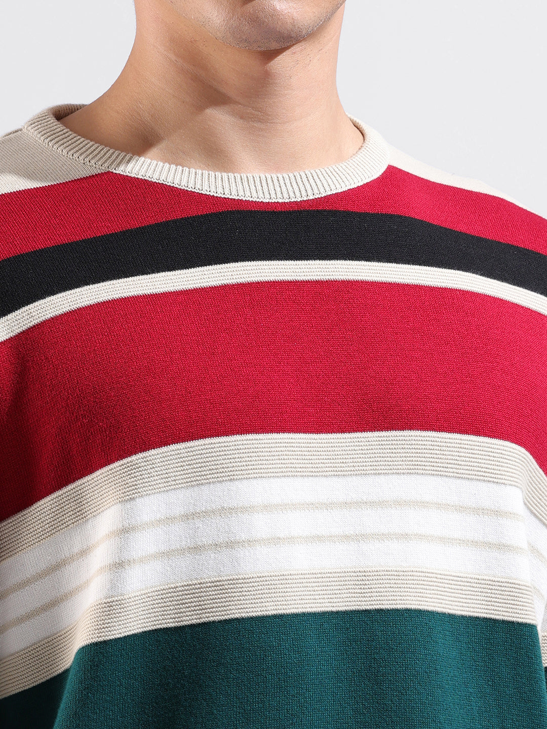 Men's Red Oversized Fit Striped Flat Knit Polo Collar T-Shirt