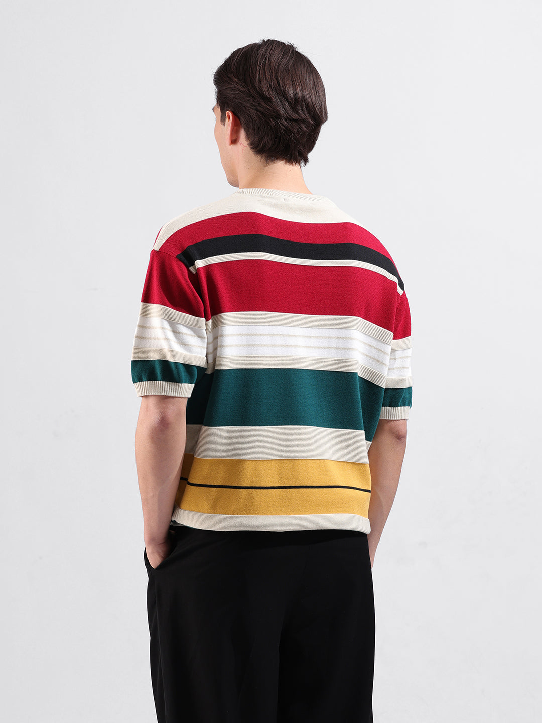 Men's Red Oversized Fit Striped Flat Knit Polo Collar T-Shirt