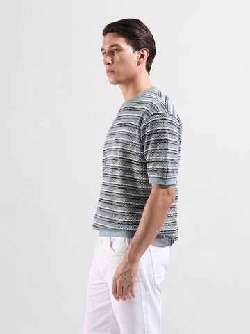 Men's Blue Oversized Fit Textured Flat Knit Crew Neck T-Shirt
