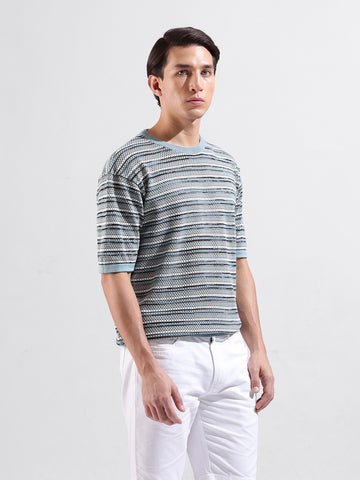 Men's Blue Oversized Fit Textured Flat Knit Crew Neck T-Shirt