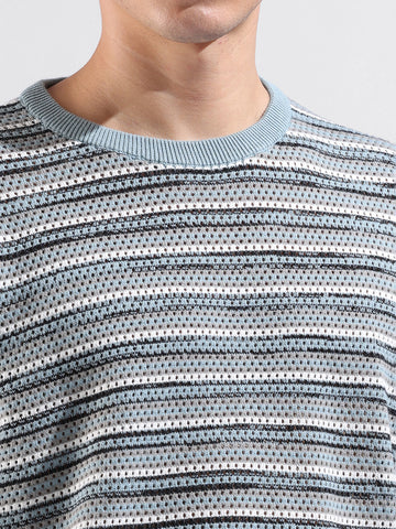 Men's Blue Oversized Fit Textured Flat Knit Crew Neck T-Shirt