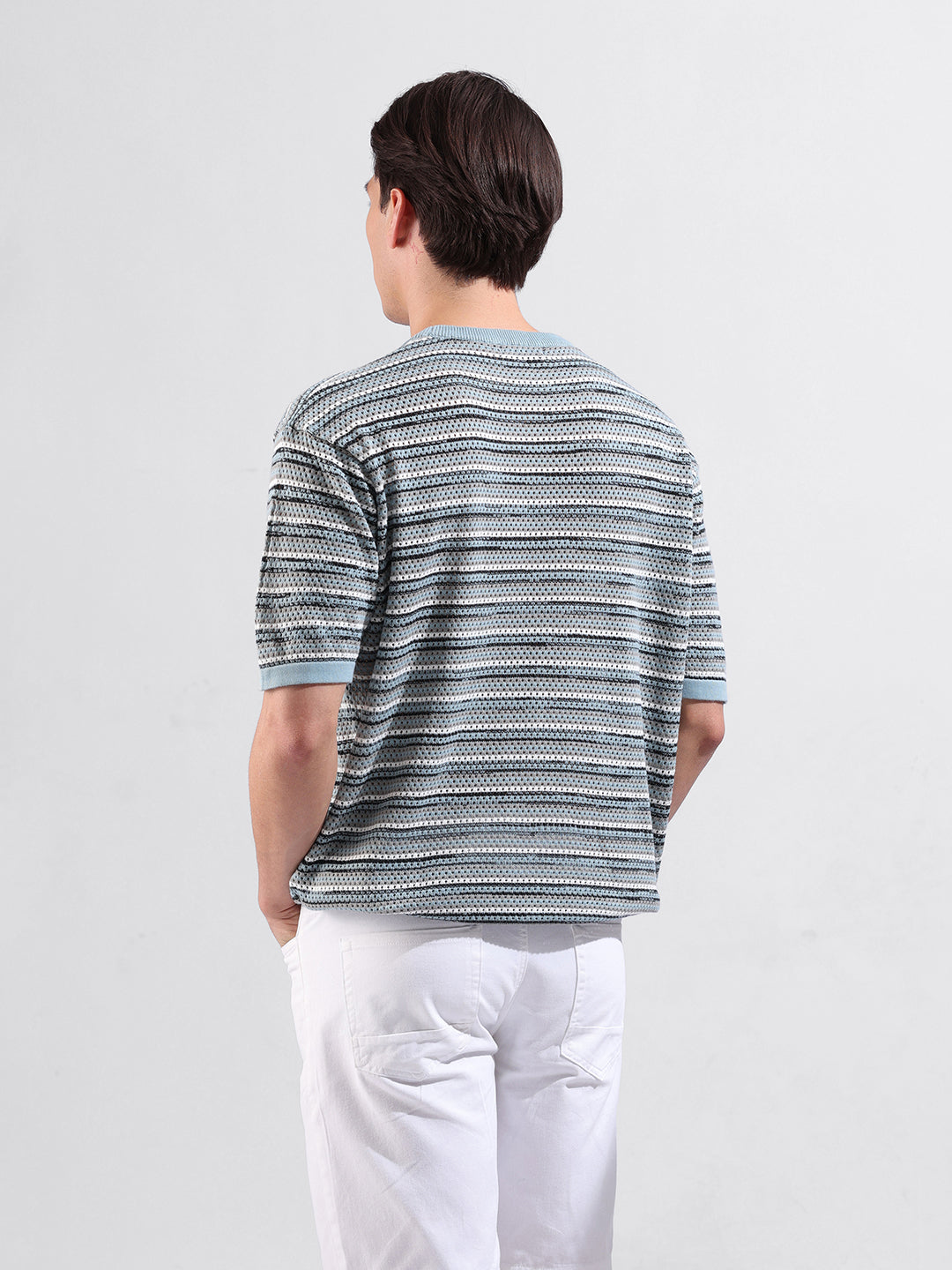 Men's Blue Oversized Fit Textured Flat Knit Crew Neck T-Shirt