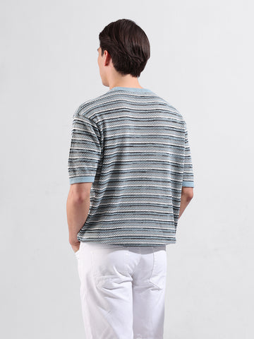 Men's Blue Oversized Fit Textured Flat Knit Crew Neck T-Shirt