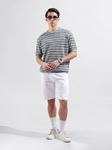Men's Blue Oversized Fit Textured Flat Knit Crew Neck T-Shirt
