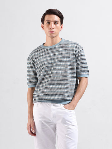 Men's Blue Oversized Fit Textured Flat Knit Crew Neck T-Shirt