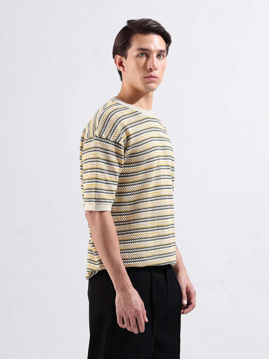 Men's Cream Oversized Fit Textured Flat Knit Polo Collar T-Shirt