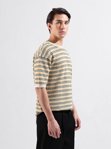 Men's Cream Oversized Fit Textured Flat Knit Polo Collar T-Shirt