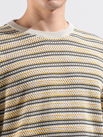Men's Cream Oversized Fit Textured Flat Knit Polo Collar T-Shirt