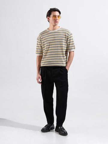 Men's Cream Oversized Fit Textured Flat Knit Polo Collar T-Shirt