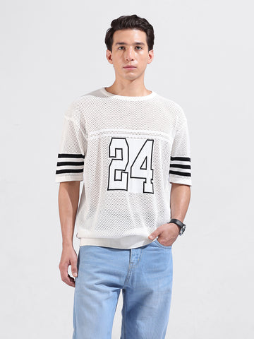 Men's White Oversized Fit Textured Flat Knit Crew Neck T-Shirt