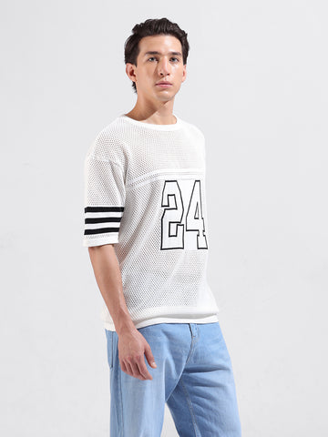 Men's White Oversized Fit Textured Flat Knit Crew Neck T-Shirt