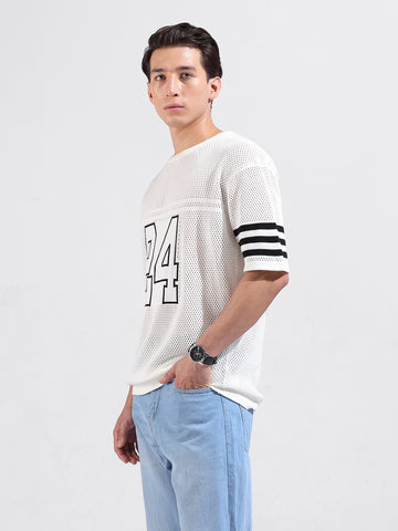 Men's White Oversized Fit Textured Flat Knit Crew Neck T-Shirt